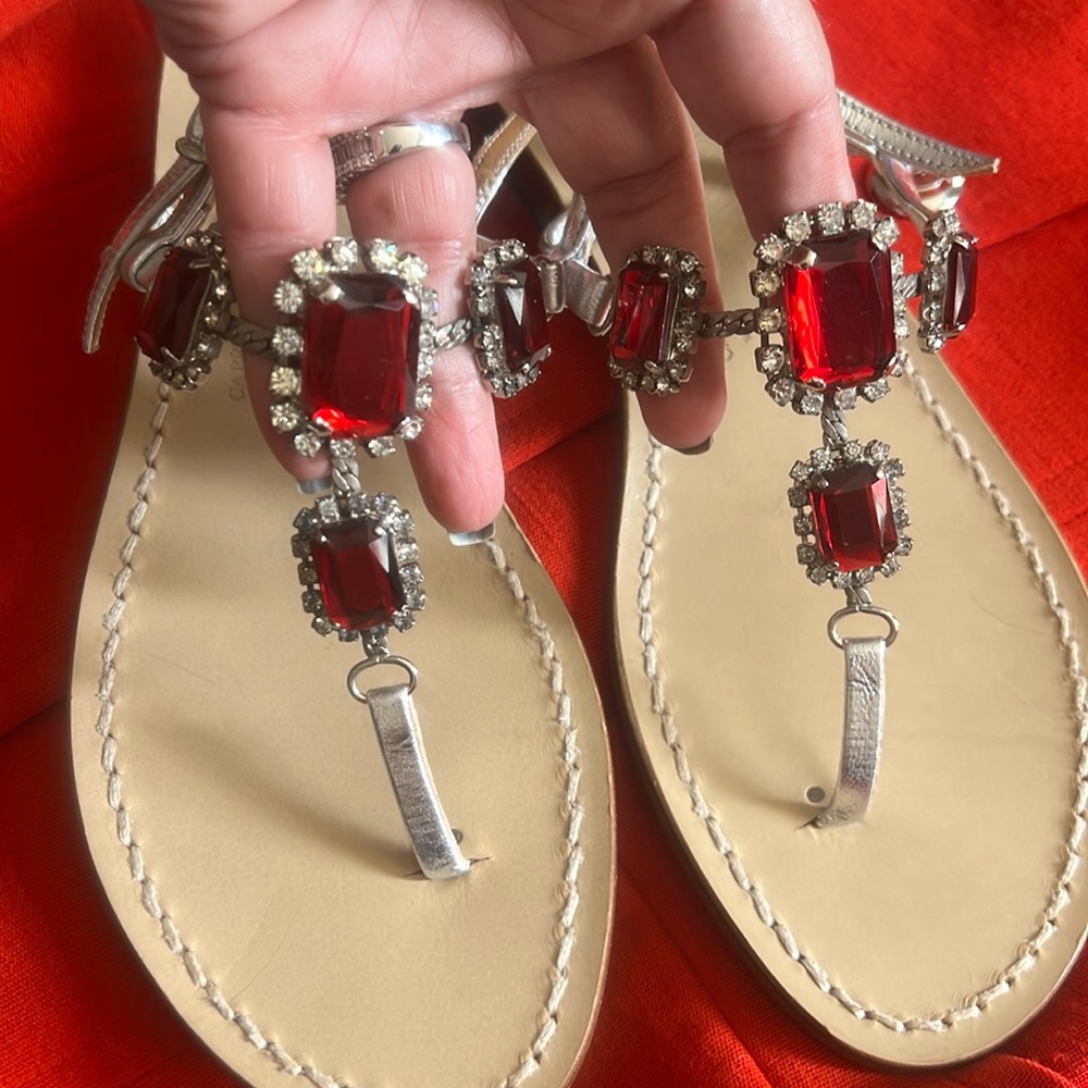 AMEDEO CANFORA Red/Clear Jeweled Crystal Handstitched Luxury Sandals Size 41